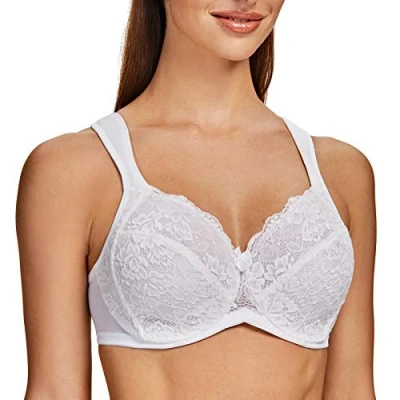 Image of MELENECA Women&#039;s Full Coverage Non Padded Minimizer Underwire Floral lace Bra White 48G