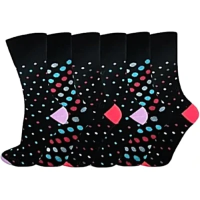 Image of ARG 6 Pairs Ladies Loose Top Non Elastic Cotton Socks Comfort Fit Diabetic Swollen Feet Oedema Poor Circulation women’s, For Wide UK 4 8 (Cotton, Dotted)