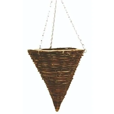 Image of Fyne Finds 30cm 12Inch Cone Dark Brown Wicker Hanging Basket Lined Rattan Willow Planter