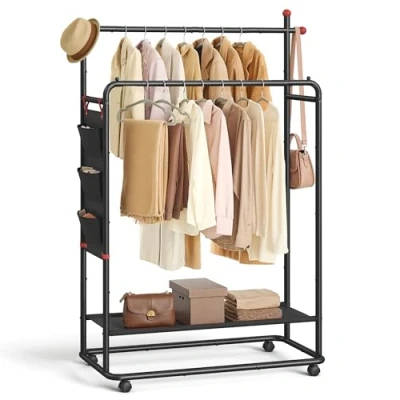 Image of SONGMICS HOME Clothes Rail, Rack on Wheels, Portable Clothing Rack, with 2 Hanging Rails, Fabric Shelf and Storage Bag, Matchstick Shaped Hooks, Ink Black HSR171B01