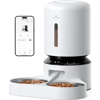Image of PETLIBRO Automatic Cat Feeder, 5G Wi Fi Dual Feeder with App Control for Dry Food, Low Food &amp; Blockage Sensor, Stainless Steel Bowl, 1 10 Meals Per Day, 10s Meal Call and Dog (White)