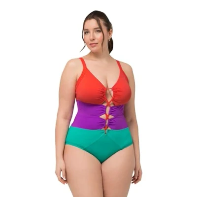 Image of Ulla Popken Women&#039;s Lisa Colourblock 826476 Swimsuit One Piece, Green, 22