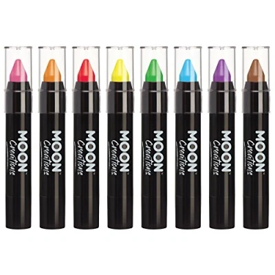 Image of Moon Creations Face Paint Stick Body Crayons Set of 8 3.2g Sweat Proof &amp; Water Resistant Cruelty Free, Made in UK For Kids, Adults, Fancy Dress, Festivals, Halloween