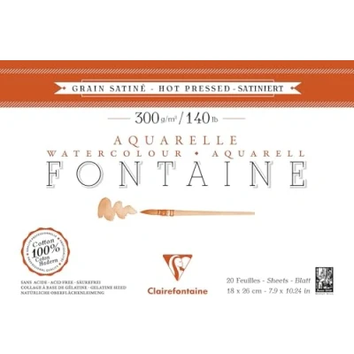 Image of Clairefontaine Ref 96343C Fontaine Hot Pressed Watercolour Glued Pad (20 Sheets) 18 x 26cm Size, 300gsm Paper Suitable for Artwork