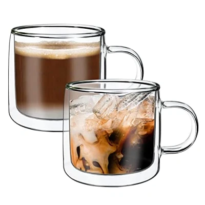 Image of Vinsani COPA Double Walled Coffee Drink Glasses Tea Cup Mug 260ml Set of 2 Heat Cold Resistant Aesthetic Clear Borosilicate Glass with Handle Cappuccino Latte Dessert Hot and Drinks
