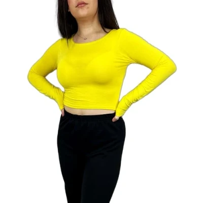 Image of Womens Crop Long Sleeve T Shirt Ladies Short Plain Basic Round Neck Shirts Top 8 14 Yellow