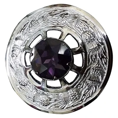 Image of Scottish Kilt Plaid Brooch Thistle Crest Silver Finish Celtic Knot Brooches &amp; Pin Ladies Scarf, Tartan Sash, Shawl 8cm (Traditional Purple Stone)
