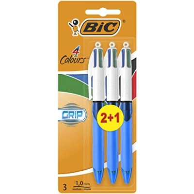 Image of BIC 4 Colours Grip Assorted Ball Pens Medium Point (1.0 mm) Pack of 3