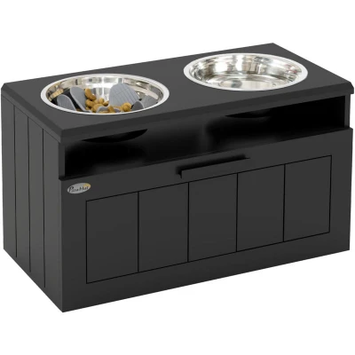Image of PawHut Raised Dog Bowl, Elevated Bowls with Slow Feeder Bowl &amp; 2 Stainless Steel Bowls, 25L Storage Drawer, Feeding Station for Large Extra Dogs, Black