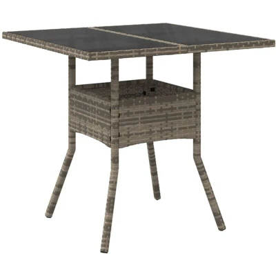 Image of vidaXL Garden Table Outdoor Dining Square with Tempered Glass Top, Durable Grey PE Poly Rattan, Weather Resistant, Modern Patio and Furniture