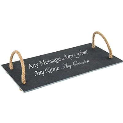 Image of Personalised Engraved Slate Serving Tray with Vintage Rope Handles
