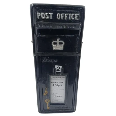 Image of Large Cast Iron Crown Traditional Mail Style Post Box In Black With Silver Detail
