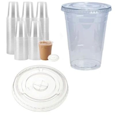 Image of ARA CHOICE Clear Disposable Plastic Smoothie Milkshake Pint Hot &amp; Cold Drink Round Glasses Cups with Flat Lids (100, 12oz/300ml (Medium))