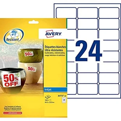 Image of Avery Heavy Duty Labels Inkjet 24 per Sheet 63.5x33.9mm White Ref J4773 10 [240 Labels]