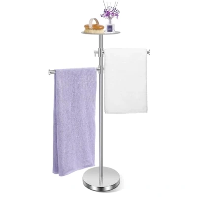 Image of Alyvisun Bathroom Free Standing Towel Rail, Weighted base Rack with Tray and 2 Extendable Arms [Height Adjustable &amp; 360 Rotatable], Stainless Steel Floor Drying