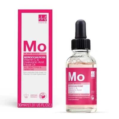 Image of DR BOTANICALS Moroccan Rose Facial Oil with Vitamin C and Hyaluronic Acid Skin Brightening, Anti Aging, Wrinkle &amp; Hydrating Treatment for All Types (15ml)