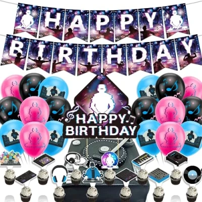 Image of DJ Party Decorations Music Birthday Supplies Includes Banner Cake Topper Cupcake Toppers Balloons for Rock
