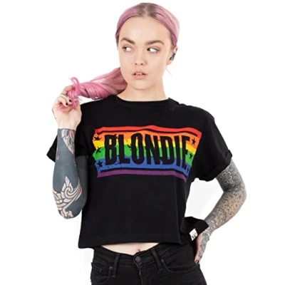 Image of Blondie Cropped T Shirt for Women Ladies Rainbow Music Band Logo Black Crop Top Clothing Merchandise Gifts XL