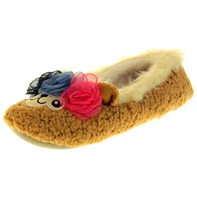 Image of DUNLOP Womens Ladies Winter Synthetic Fur Brown Llama Slippers UK 7 8 Large