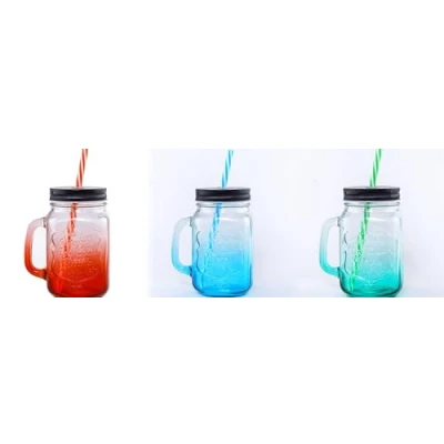 Image of Kabalo Retro Glass Mason Jar Coloured Cocktail Drinking Handled Jam Jars with Lids &amp; Straws x 3
