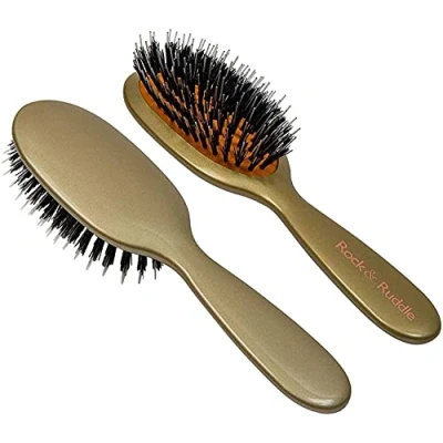 Image of Rock &amp; Ruddle Natural Mixed Boar Bristle Hair Brush for Women and Kids (Small/Travel Size, 17.5cm) Perfect Wet or Dry Hair, Detangling Smoothing Blowdrying Made in UK Gold Design