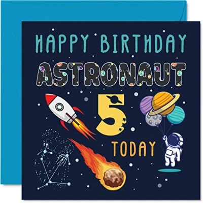 Image of 5th Birthday Card Boy Space Astronaut Cosmos Happy 5 Year Old Girl, Five Fifth Girls Boys Cards, 145mm x Greeting for Son Daughter Niece Nephew Grandson