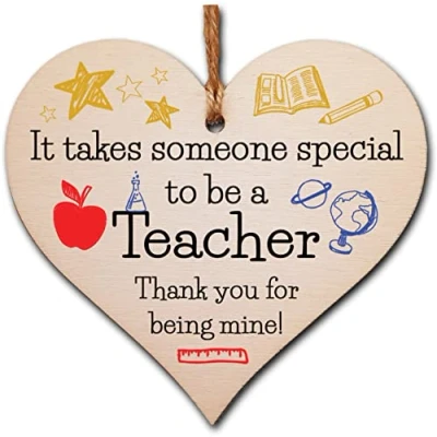 Image of Handmade Wooden Hanging Heart Plaque Gift for Special Teacher Thank You Keepsake