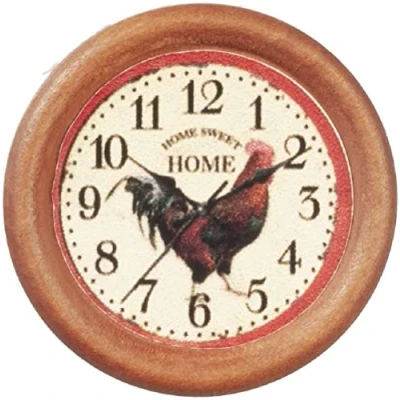 Image of Melody Jane Dolls House Rooster Round Wall Clock Wooden Black Numerals Miniature Accessory