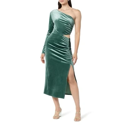 Image of The Drop Women&#039;s Lia One Shoulder Cutout Velvet Midi Dress, Sage Leaf, M