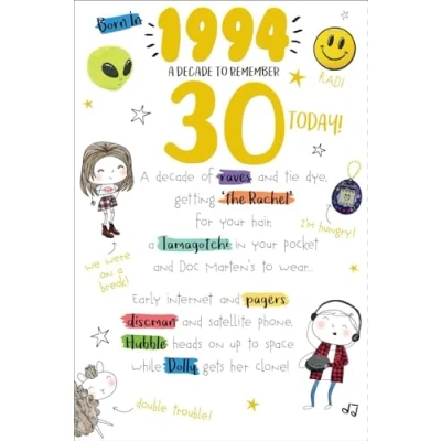 Image of 30 Today in 2024 Year You Were Born 1994 30th Milestone Birthday 2004 Greeting Card A Decade To Remember Blast From The Past (30th)
