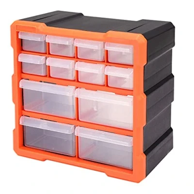 Image of Bond Hardware 12 Drawer Organiser for DIY Tool Bits Plastic Storage Units Workshop Screws and Small Parts Cabinet or Office Stationary Craft Box Black/Orange