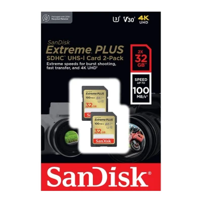 Image of SANDISK CARDS Extreme Plus 32GB SDHC Memory Card 2 Pack 100MB/S 60MB/S UHS