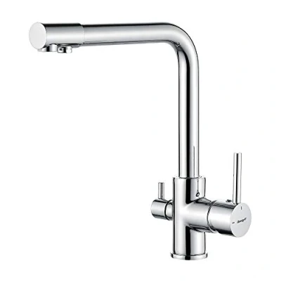 Image of Ibergrif M22109 3 Way Water Filter Tap, Kitchen Drinking Taps Sink Mixer Brass Swivel Spout with 2 Handles, Hot, Cold and Tap for Kitchen, G3/8&quot; Hose, 360 Swivel, Chrome [Energy Class A++]