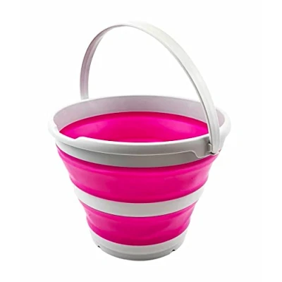 Image of SAMMART 10L Collapsible Plastic Bucket Foldable Round Tub Portable Fishing Water Pail Space Saving Outdoor Waterpot, Size 33cm Dia (Grey/Flamingo)