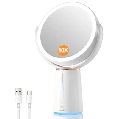 Image of Auxmir 1X/10X Makeup Mirror with Light, 8.3in Double sided 360Magnifying Mirror, 2500mAh Type C Rechargeable 52 LED lights, 10 Brightness Adjustable Vanity for Bedroom, Bathroom