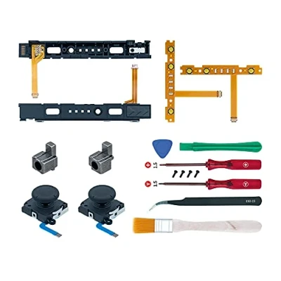 Image of Mcbazel 18 in 1 Replacement Repair Kit for NS Switch Joy Con with Screwdrivers Opening Tool, 3D Left Right Analog Joysticks, Buckle Lock, Charging Port Slider, Button Sync Flex Cable Set