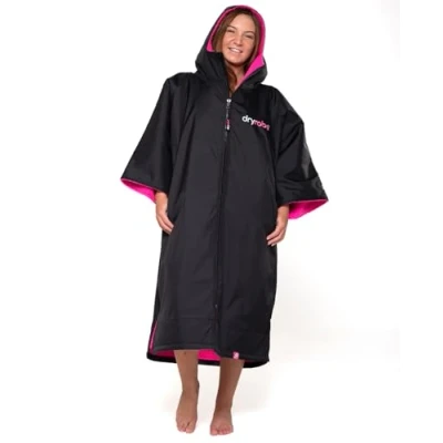Image of Dryrobe Advance SHORT SLEEVE Waterproof Changing Robe Oversized Swim Parka Coat with Fleece Lining Hooded Jacket for Beach, Cold Water Wild Swimming, Surfing Childs Age 10 13 Black/Pink
