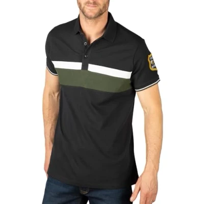 Image of Men’s Short Sleeved Panelled Polo Shirt Embroidered Cotton Sports T (UK, Alpha, L, Regular, Black)