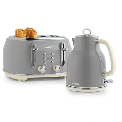 Image of Salter COMBO 9191 Retro Kettle &amp; Toaster Set 1.7L Fast Boil With Removable Limescale Filter, 4 Slice Wide Slot for Thick Bread, High Lift Eject, Blue Indicator Lights, 3kW/1630W, Grey