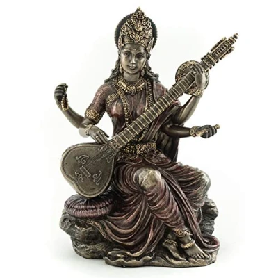 Image of Top Collection Saraswati Statue Hindu Goddess of Music and Wisdom Sculpture in Premium Cold Cast Bronze 5.75 Inch Collectible East Asian Meditating Figurine