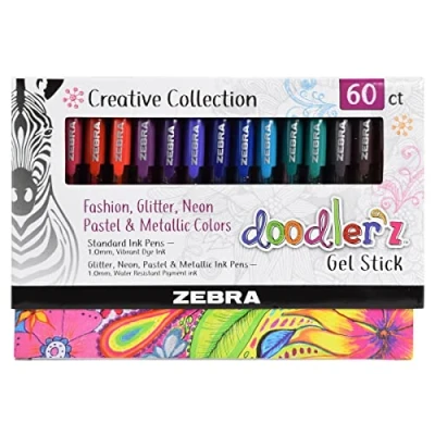 Image of ZEBRA Doodler&#039;z Gel Stick Pens, 1.0 mm, Fashion. Glitter, Neon and Pastel Colours. Box of 60 pens