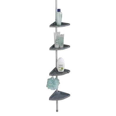 Image of Wenko 3208011100 Telescopic Shower Corner Element Easy Silver 4 Shelves, 8 Hooks, Metal Aluminium, 26 x 78265 19.5 cm,