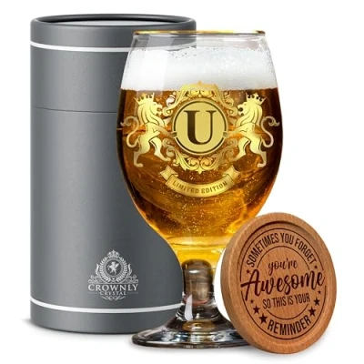 Image of CROWNLY CRYSTAL® Personalised Gifts for Men Beer Glasses Birthday Pint Glass Presents Dad Uncle Gift Ideas Set Christmas Mens (U)