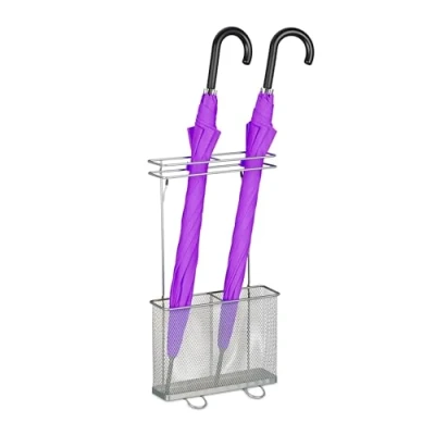 Image of Relaxdays Umbrella Stand, 54 x 30.5 15 cm, Metal, Rectangular, Brolly Holder, Modern Design, Hallway Storage, SIlver, Steel