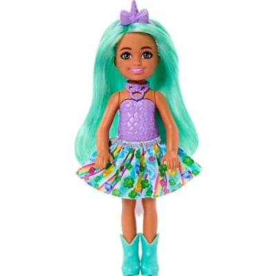 Image of Barbie Dreamtopia Chelsea Unicorn Small Doll with Detachable Tail, Horn Headband Accessory &amp; Green Hair, Bends at Waist