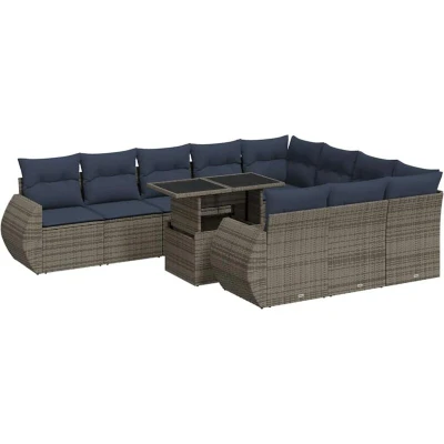 Image of 11 Piece Garden Sofa Set with Cushions Grey Poly Rattan Acacia vidaXL