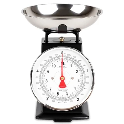Image of Innoteck Essentials Kitchen Scales Mechanical Scale Compact, Analogue, Easy to Read, 5 kg Capacity, Large Dial Dishwasher Safe Detachable Bowl Ingredients Measurement Black