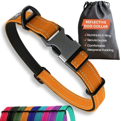 Image of Strong Dog Collar Medium Dogs Orange Reflective Padded Collars Adjustable Safety Metal Buckle, Aluminium V ring.