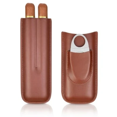 Image of cgaplus 2 Finger Leather Cigar Case with Cutter Lined Humidor Portable Travel Brown