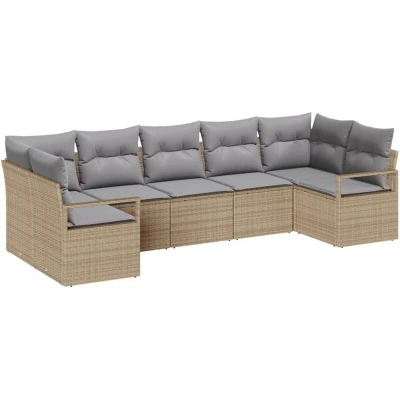 Image of vidaXL 7 Piece Garden Sofa Set with Cushions Beige Poly Rattan